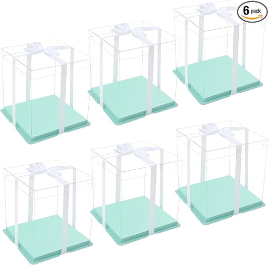 XININSUN clear cake box with ribbon,6inch 8inch cake boxes,transparent tall cake box cake carrier,Square Cardboard Cake Containers clear gift box for Wedding,Birthday,Party(6pcs-green)