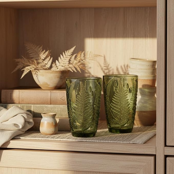 Green Drinking Glasses Set of 8 – 12 oz Hand-Blown Vintage Glass Cups, Boho Aesthetic Colored Glassware with Antique Charm, Textured Highball Water Tumblers, Unique Retro Drinkware Gift for Home