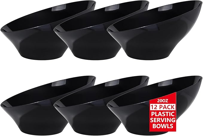 bUCLA 12 Pack Black Plastic Serving Bowls - 20 OZ Angled Bowls Disposable for Chip,Candy,Salad and Fruit - Ideal for Wedding, Party & Halloween