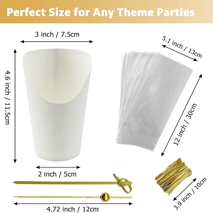 CAMKYDE 50 Sets Disposable Charcuterie Cups with Sticks and Bags, 12 oz White Paper Snack Appetizers Cup French Fry Holder with Cocktail Picks Toothpicks (50 Cups+50 Bags+200 Sticks)
