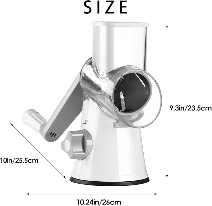 Ourokhome Rotary Cheese Grater Hand Crank, Kitchen Shredder Speed Mandolin Slicer Nuts Grinder with Handle and Drum Blades for Cheese, Vegetable, Walnuts, Chocolate, Potato, Carrot, 3 Blades, White