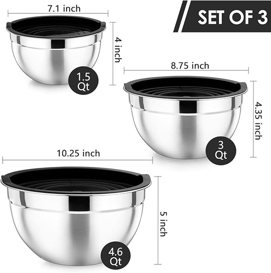 P&P CHEF Black Mixing Bowls with Lids, Set of 3, Stainless Steel Salad Nesting Bowl for Mixing, Storing, Prepping, Airtight & Stackable, Size 4.6/3 /1.5 QT