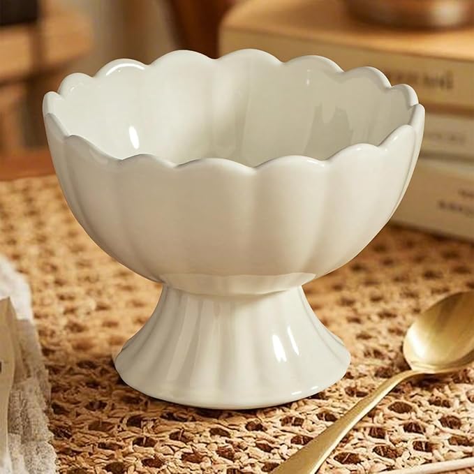 Ceramic Bowl Set of 4 Footed Dessert Bowls with Spoon, Elegant Trifle Bowl with Pedestal for Candy, Salad, Fruit, Tiramisu, Party Serving Punch Bowls