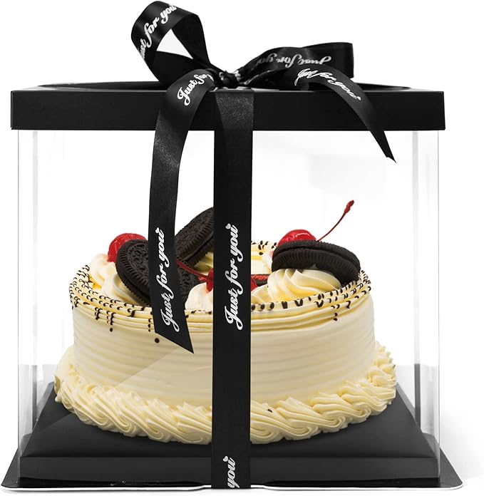 Clear Cake Box, 2-Pack Cake Carrier Container 10" X 10" X 9" with Ribbon Transparent Boxes with Lid Gift Package for Birthday Wedding Party, Black