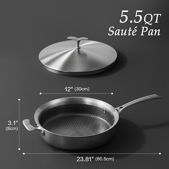Saute Pan with Lid–12 Inch Deep Frying Pan 5.5qt for Stir-Fry & Searing,5-Ply Stainless Steel Saute Pan Nonstick Non Toxic, PTFE & PFOA Free Non Stick Skillet,Induction, Oven & Dishwasher Safe