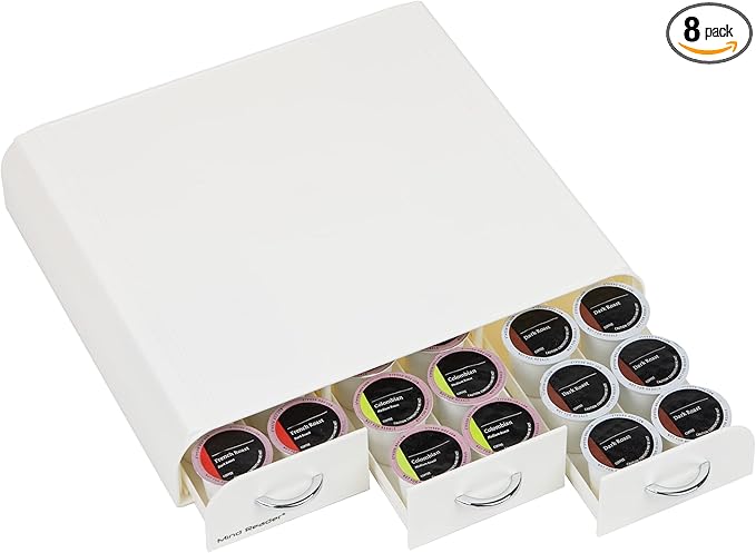 Mind Reader Single Serve Coffee Pod Organizer with 3 Drawers, 36 Pod Capacity, Countertop, 12.25"L x 13.5"W x 2.5"H, White (Pack of 8)