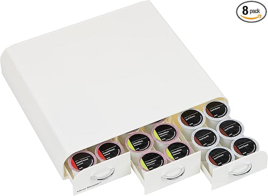Mind Reader Single Serve Coffee Pod Organizer with 3 Drawers, 36 Pod Capacity, Countertop, 12.25"L x 13.5"W x 2.5"H, White (Pack of 8)