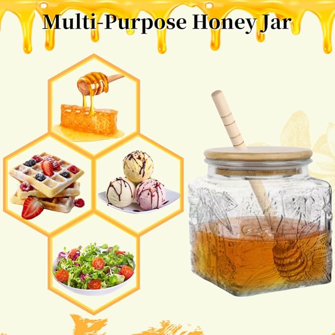 ANSQU Honey Pot, Airtight Glass Honey Jar with Bamboo Lid and Dipper Stick, Honey Container for Storing Syrup Jam Mason Jar for Home Kitchen, 17oz (Square Sunflower,1 Pack)