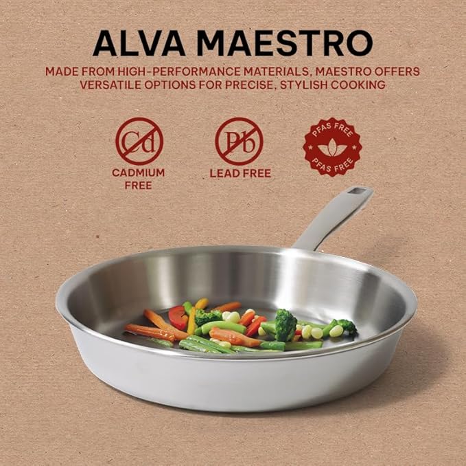 Alva Maestro Stainless Steel Frying Pan 8" - Oven Safe and Made without PFAS, PFOA & PTFE - Induction and All Stovetop Compatible with Even Heat Distribution