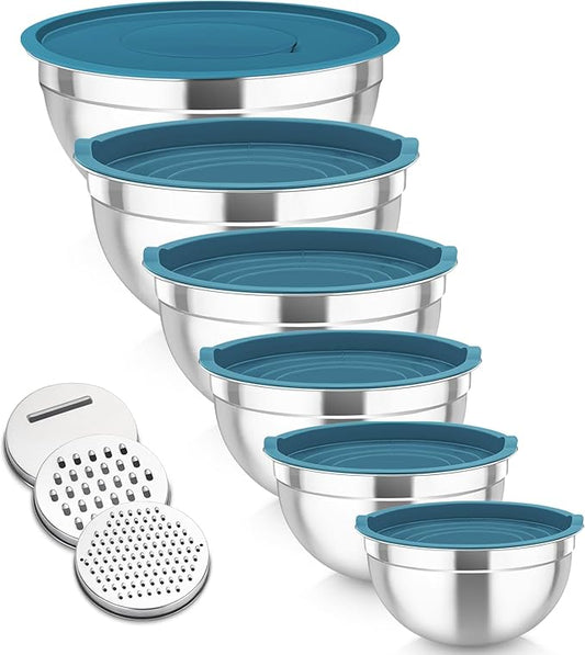 TeamFar Mixing Bowls with Lids Set, 6PCS Stainless Steel Metal Nesting Salad Bowl with 3 Grater Attachments, for Food Baking/Mixing/Serving/Storing, Dark Blue- 4.6/2.6/2 / 1.5/1 / 0.7 QT