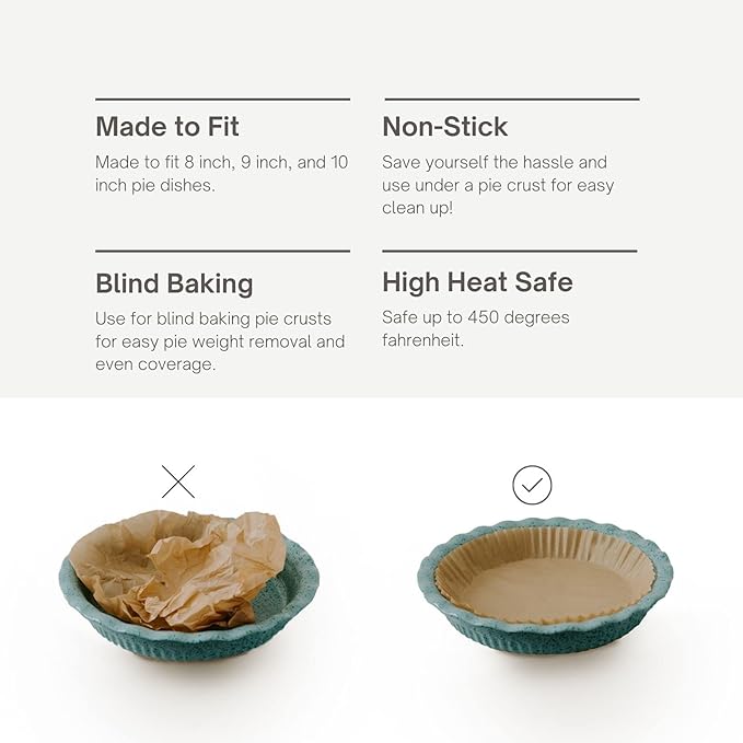 Parchment Paper for Pie Weights and Pans, Plastic Free Packaging, Pre Formed fit 8,9,10 Inch Dish, Natural Unbleached Food Grade Non-Stick Liners, High Heat Safe, Designed in USA, 50 Sheets