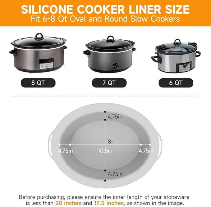 ChefAid Slow Cooker Liners, 100% Silicone Reusable Crock Pot Insert Accessories for 6-8 Oval or Round Quart Slow Cookers, Food Safe & Dishwasher Safe (Black-Grey)