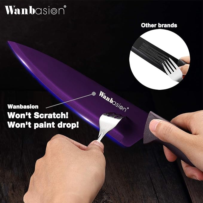 Wanbasion Purple 5 Piece Knife Set for Kitchen Professional, Stainless Steel, Kitchen Knife Set Dishwasher Safe with Covers
