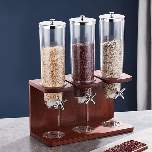10.5L Triple-Head Dry Food Dispenser- Countertop Cereal Storage with PC Barrel & Wooden Base | Ideal for Rice, Candy, Beans & Nuts