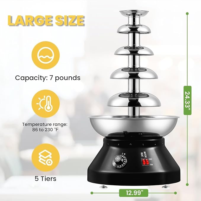 Chocolate Fondue Fountain 5 Tiers Digital Stainless Steel Electric Cheese Fountain Chocolate Dipping Warmer Chocolate Melting Heating Machine Hot Chocolate Fondue Tower (Black-5 Tiers)