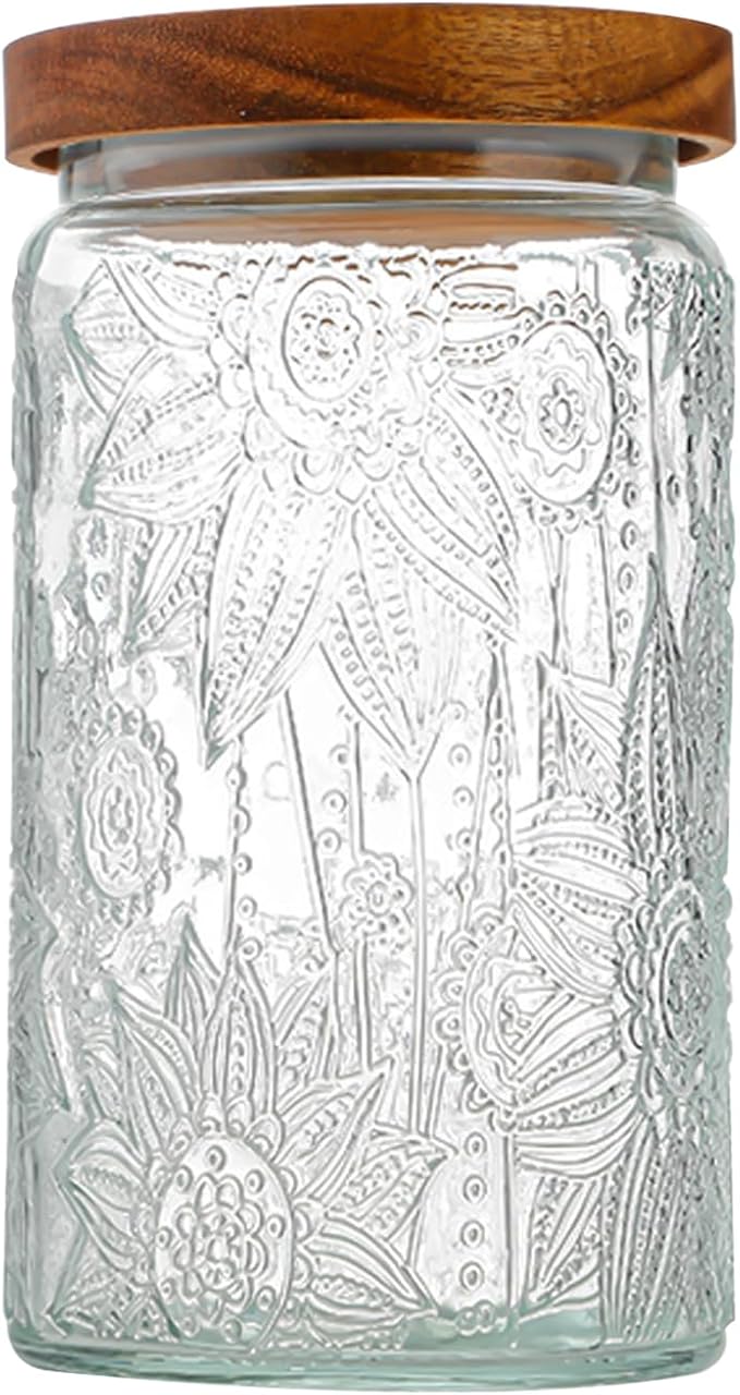 34 OZ Glass Storage Jar with Airtight Bamboo Wooden Lids, Vintage Food Containers Canisters Sets for Kitchen Counter Pantry, Sugar, Flour, Candy, Tea, Coffee Beans, Oats, Grain Bin, Pasta, Cereal