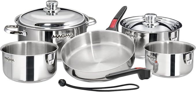 Magma 10 Piece Gourmet Nesting Stainless Steel Cookware Set, Induction Compatible, Oven Safe to 500°F - Suitable for All Stovetops, Removable Handles, Silver