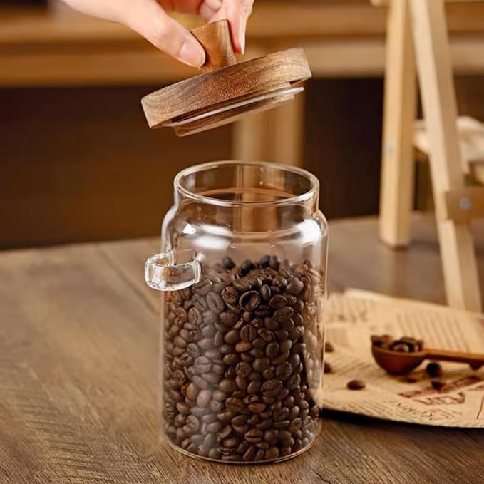 ANSQU Set of 2 Glass Food Storage Jars with Bamboo Wood Lid and Spoon, 20.3oz Glass Kitchen Canisters for Coffee, Tea, Cereal, Spice and Canning, Mason Jars, Cute Jar