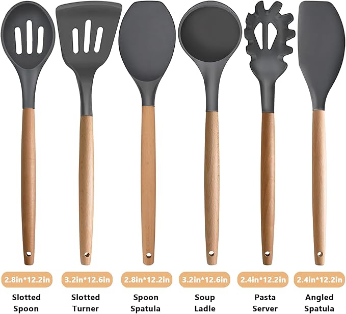Kitchen Cooking Utensils Set, 6Pcs Silicone Kitchen Utensils Set Spatula Spoon Soup Ladle Turner, Heat Resistant Wooden Handle Silicone Cooking Gadgets for Nonstick Cookware & Baking BPA FREE