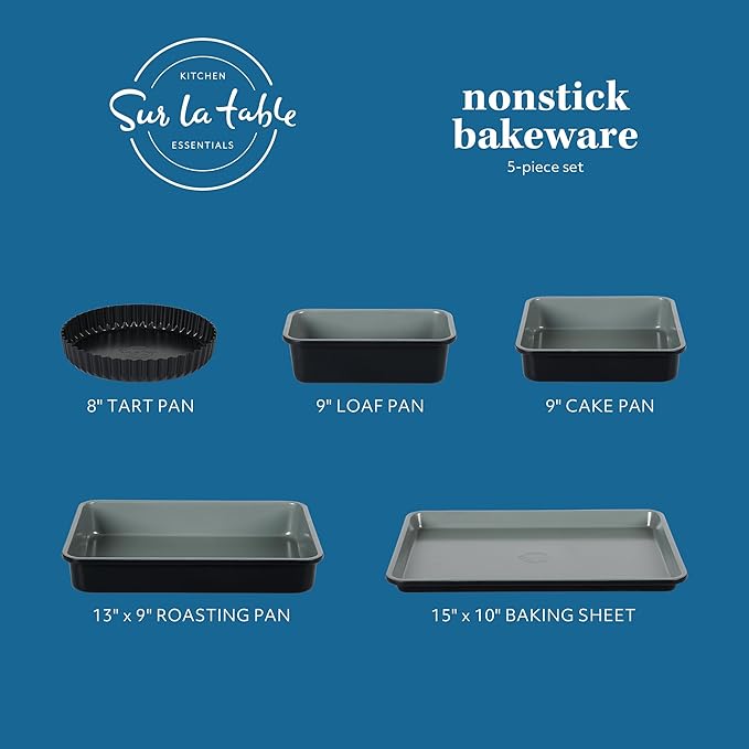 Sur La Table Kitchen Essential Carbon Steel Baking Pans Bakeware Set W/Premium PFOA, PFAS, PTFE Free Grey Nonstick Interior - Black Exterior