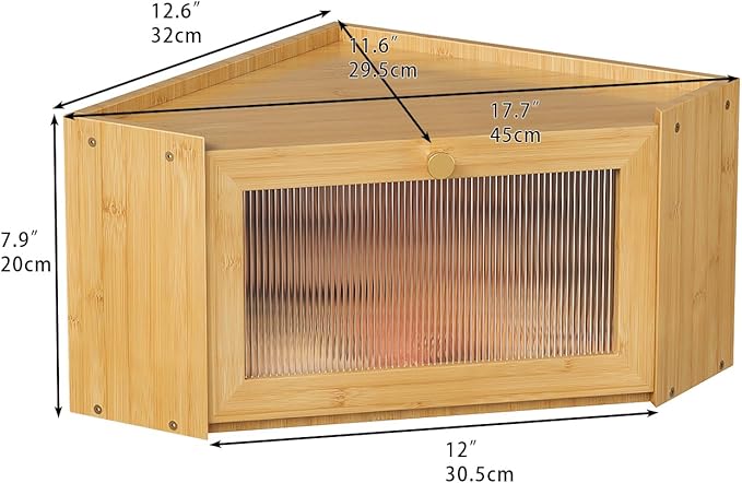 Corner Bamboo Bread Box for Kitchen Counter Large Capacity Rustic Bread Storage Container with Wavy Arcylic Transparent Door Vintage Storage for Homemade Bread (Natural Bamboo)