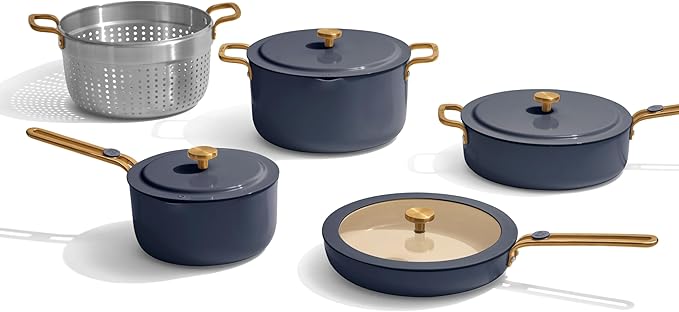 Our Place Essential Cookware Set – 11-Piece Ceramic Nonstick Set with 25cm Frypan, Saucepan, Saute Pan, Stock Pot, Storage Racks and Strainer with Thermakind™ | Oven Safe up to 230°C | Blue Salt