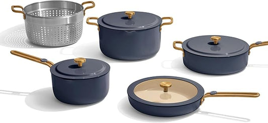 Our Place Essential Cookware Set – 11-Piece Ceramic Nonstick Set with 25cm Frypan, Saucepan, Saute Pan, Stock Pot, Storage Racks and Strainer with Thermakind™ | Oven Safe up to 230°C | Blue Salt