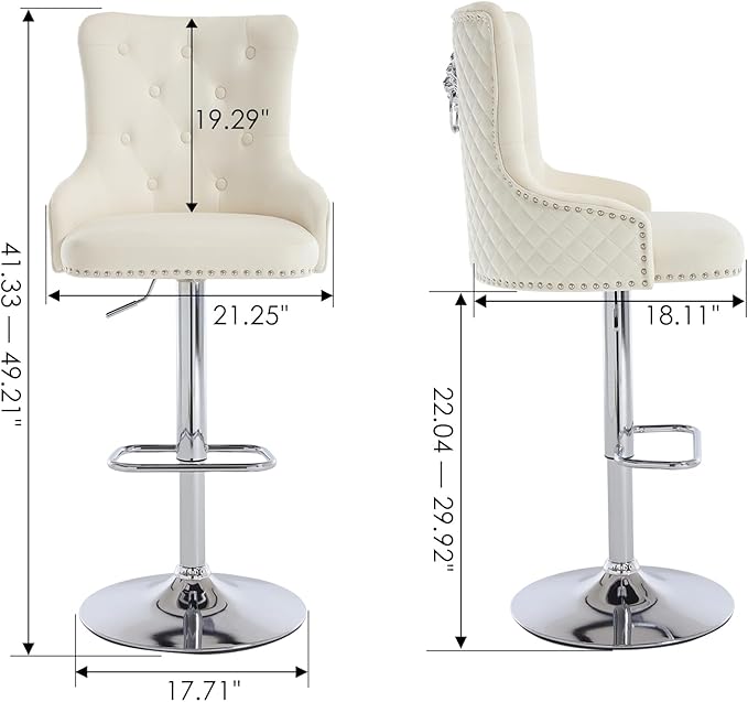 Velvet Lion Bar Stools Set of 4, Modern Height Adjustable Swivel Barstools with Chrome Base, Tufted Counter Height Bar Stools Upholstered Bar Chairs for Kitchen Island, Dining Room, Beige