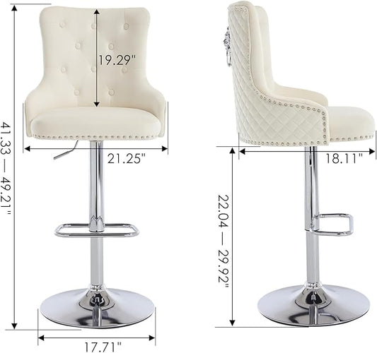 Velvet Lion Bar Stools Set of 4, Modern Height Adjustable Swivel Barstools with Chrome Base, Tufted Counter Height Bar Stools Upholstered Bar Chairs for Kitchen Island, Dining Room, Beige