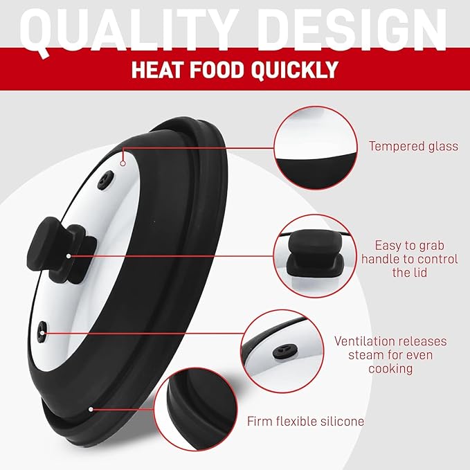 Microwave Splatter Cover Glass 11.8 Inch - Collapsible Microwave Splatter Cover for Plate & Bowl - Tempered Glass Top, Food-Grade Silicone Dome with Heating Vents & Heat-Safe Handle (BLACK)