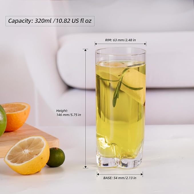 KAMMAK Drinking Glasses Set of 2, 11oz Crystal Water Glasses, Tall Glass Cups, Highball Glass for Cocktail, Juice, Mojito, Iced Tea, Kitchen and Bar Glassware Gifts, Collins Glasses