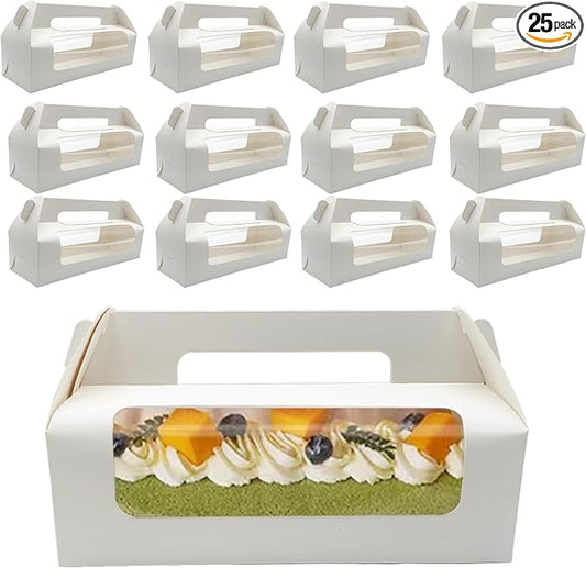 25 Pcs 10.5 Inch Window Roll Cake Gable Boxes Bulk with Handle & Cake Boards, Homemade & Bakery White Paper Favor Containers, Easy Carrying, Gift Boxes for Christmas Wedding