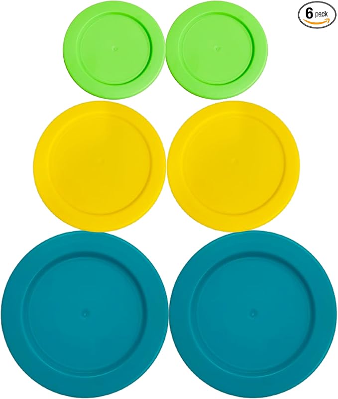 2, 4 & 7 Cup Spring Green, Yellow, Turquoise Replacement Lids/Covers for Pyrex, Anchor Hocking & KlareWare Storage Bowls *Lids Only Glass Container Not Included* (6 Pack *Two of Each Size*)