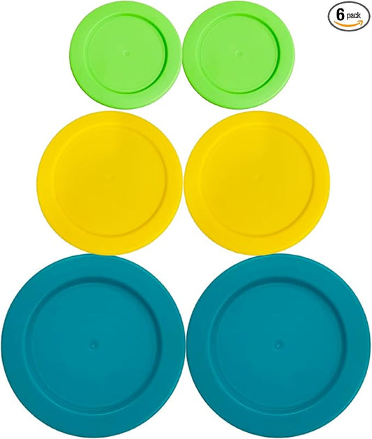 2, 4 & 7 Cup Spring Green, Yellow, Turquoise Replacement Lids/Covers for Pyrex, Anchor Hocking & KlareWare Storage Bowls *Lids Only Glass Container Not Included* (6 Pack *Two of Each Size*)