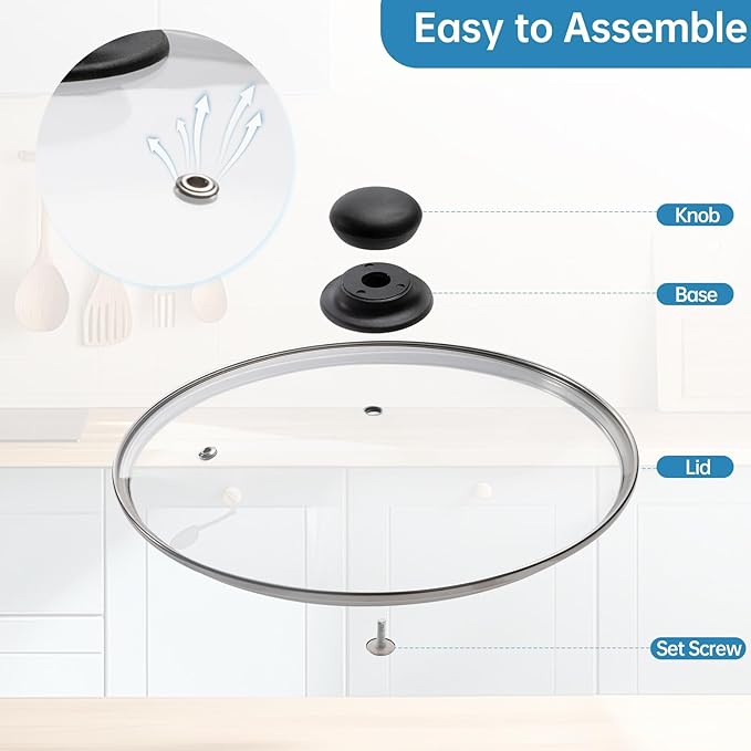 Tempered Glass Lid Compatible with Caraway Pans and Pots, 10.5" Pot Lid Replacement, Cooking Pot Lid Fit for Fry Pan, Dutch Oven and Stock Pot, with Easy to Grip Handle, Stainless Steel Rim, clear