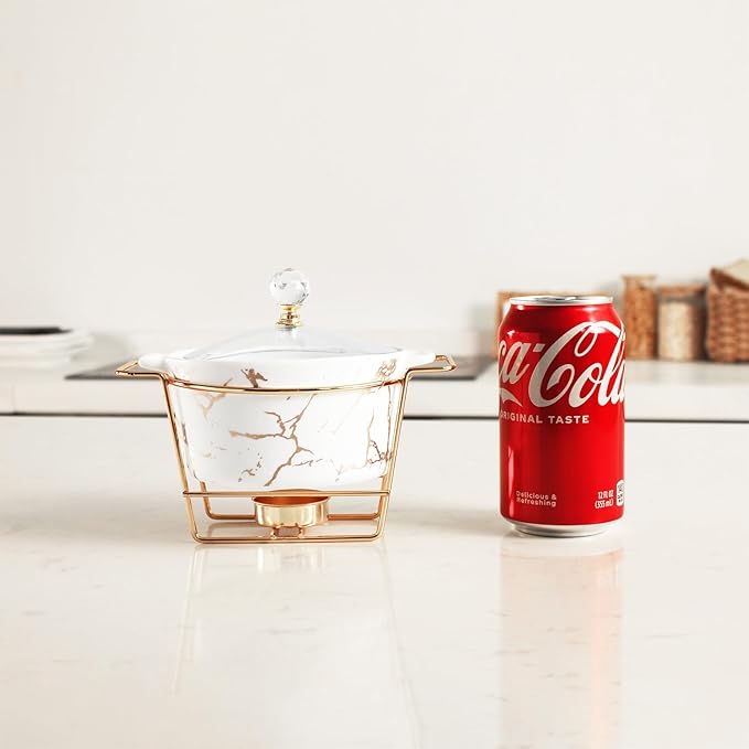 4.9 Inch Ceramic Mini Casserole Dish with Glass Lid and rack, 13.5 Oz Serving Soup Tureen, Chafing Dish for Individual Portion, Chocolate fondue, Fondue Pots Sets for Party Bakery Desserts