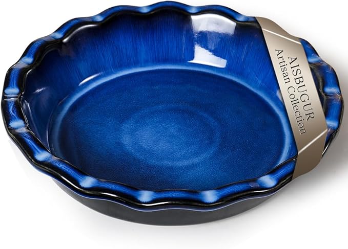 AISBUGUR Pie Pan for Baking 9 Inch Ceramic Pie Dish Quiche Baking Dish Non-Stick Dishwasher & Oven Safe (Reactive Glaze Blue)