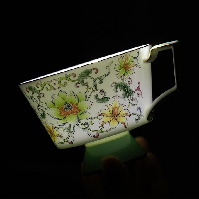 KAMMAK Ceramic Tea Cup and Saucer Set with Gold Trim, Floral Lotus & Scroll Pattern, 240ml Elegant Bone China Coffee Cup Set in Mint Green & Pink for Afternoon Tea, Gift for Women