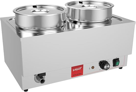 Valgus Commercial Stainless Steel Bain Marie Food Warmer 2 Round Pots Electric Soup Warmer with Lid and Tap for Home, Catering, Buffet