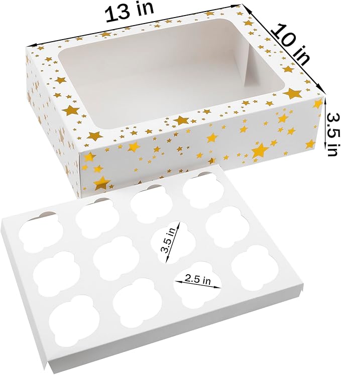 8 Packs Christmas Cupcake Boxes 12 Count, 13x10x3.5 Inch Gold Star Cupcake Containers with Clear Window, Auto-Pop Up Cupcake Carrier with Inserts for Cup Cake, Cupcake Holder for Cookies and Pastry