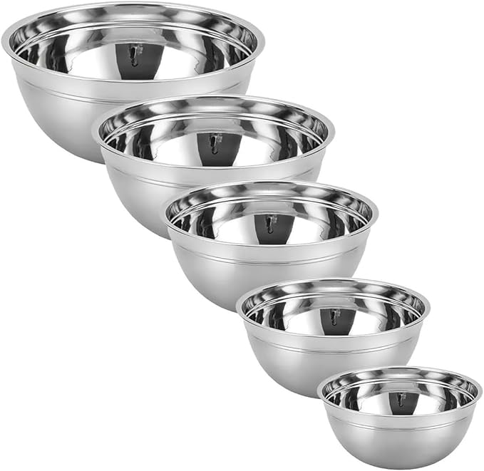 5-Piece Stainless Steel Mixing Bowls Set with Plastic Lids – Nesting Stackable Bowls for Cooking, Baking & Food Prep – Space-Saving Kitchen Storage