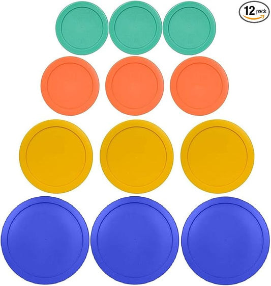 1, 2, 4 & 7 Cup Green, Orange, Yellow, Blue Replacement Lids/Covers for Pyrex, Anchor Hocking & KlareWare Storage Bowls *Lids Only Glass Container Not Included* (12 Pack *Three of Each Size*)