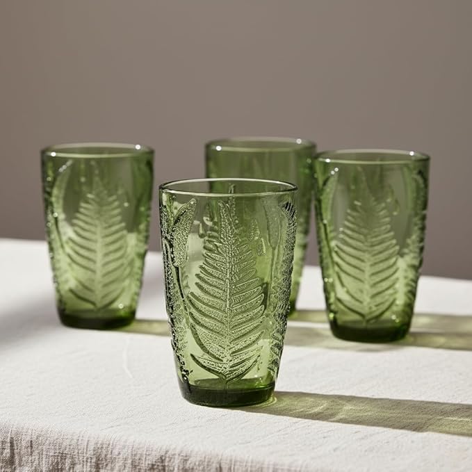 Green Drinking Glasses Set of 8 – 12 oz Hand-Blown Vintage Glass Cups, Boho Aesthetic Colored Glassware with Antique Charm, Textured Highball Water Tumblers, Unique Retro Drinkware Gift for Home