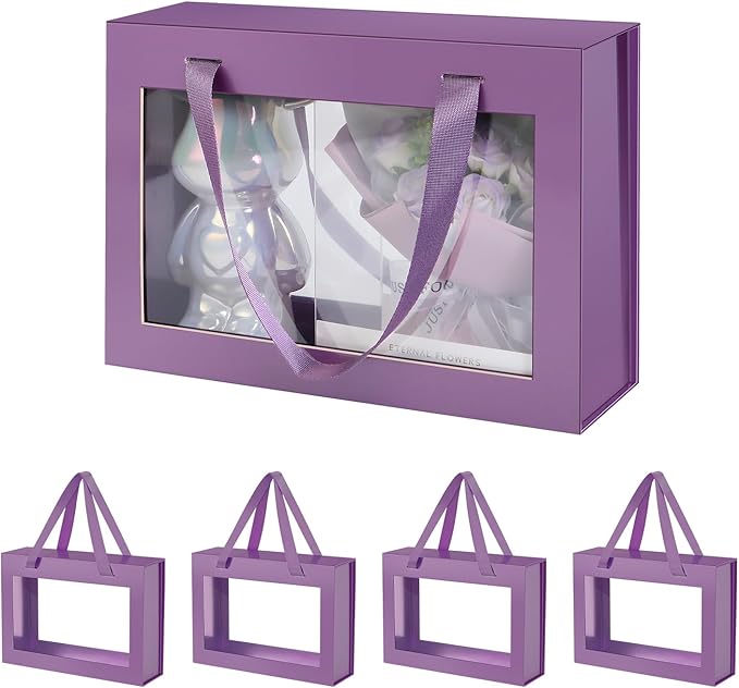 5 Purple Gift Boxes with Windows, Gift Boxes with Lids and Handles, Clear Magnetic Gift Boxes for Presents, Bridesmaid Proposal Boxes (10.5x7.5x3 Inches