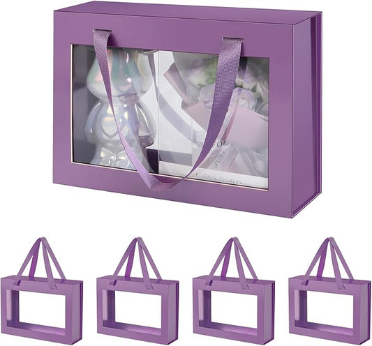 5 Purple Gift Boxes with Windows, Gift Boxes with Lids and Handles, Clear Magnetic Gift Boxes for Presents, Bridesmaid Proposal Boxes (10.5x7.5x3 Inches