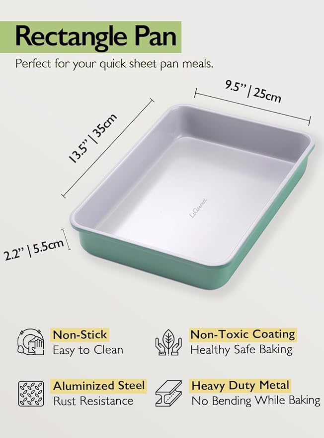 LeGourmet Nonstick Rectangle Baking Pan 9x13 Inch, Ceramic Coating, Non-Toxic, Rust Resistant Aluminized Steel, Perfect Baking Dish for Brownie Cake, Roasting, Lasagna - Rosemary