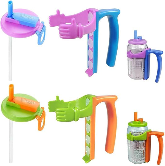 Soda Can Lids and Holders for 12oz Cans – 2 Can Covers with Straw + 2 Can Holder with Handle – For Soda, Beer, Pop – Easy to Hold, Leak-Free