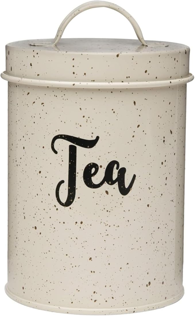 Amici Home Maddox Metal Tea Canister | Dry Food Storage Container | Speckled Cream Canister for Kitchen Countertop | Storage Jar for Tea with Handle | 44 Oz