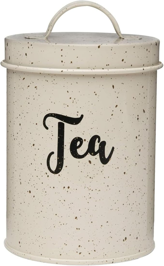 Amici Home Maddox Metal Tea Canister | Dry Food Storage Container | Speckled Cream Canister for Kitchen Countertop | Storage Jar for Tea with Handle | 44 Oz