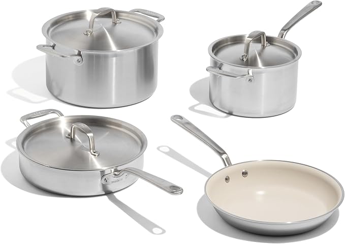 Made In Cookware - 7-Piece Ceramic Non Stick Pot and Pan Set (Stainless Handle) - 5-Ply Stainless Clad - Professional Cookware - Crafted in Italy - Induction Compatible